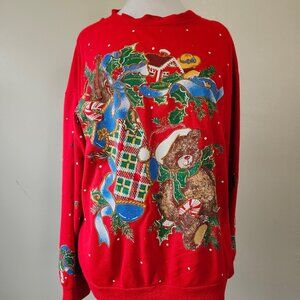 Vintage 80s Puff Holiday Christmas Teddy Bear Stocking Winter Sweatshirt USA M/L